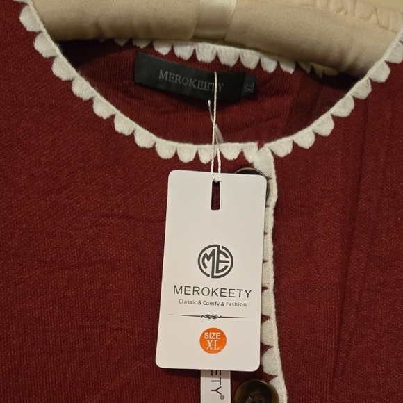 NWT MEROKEETY Women's Oversized Burgundy Cardigan - Picture 3 of 6